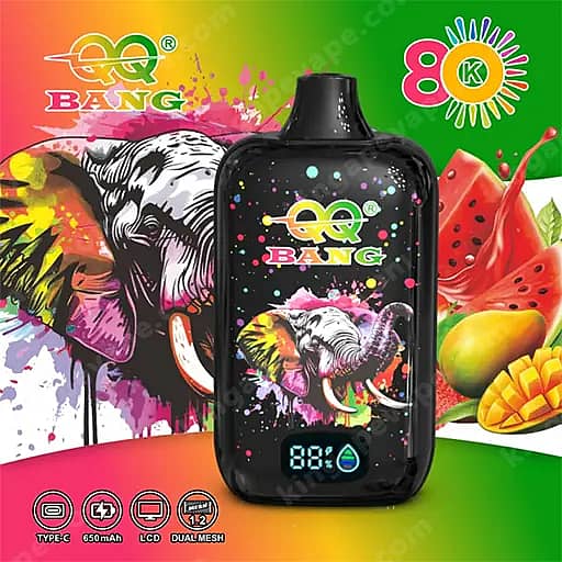 A Compact Black Vape Device With An Illustrated Elephant And Colorful Paint Splatters On A Vibrant Rainbow Background, Featuring Qq Bang Branding And A Blue Display Reading 88%, With Icons Indicating Type-C, 650Mah, Lcd, And Dual Mesh.