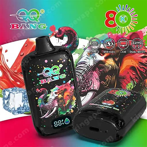 Two Black Vape Pod Devices With Colorful Dragon Artwork, One Upright And One Resting, Against A Vivid Rainbow Background With The Bang Logo And An 80K Emblem; The Device In Front Displays A Digital Led Readout And A Usb-C Port.