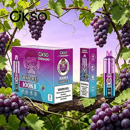 Okso Tornado Grape Ice Vape-sapdozen weergegeven op een Grapevine-achtergrond, met paars-naar-blauwe gradiëntverpakkingen en vape-apparaatillustraties met druivenclusters eromheen.