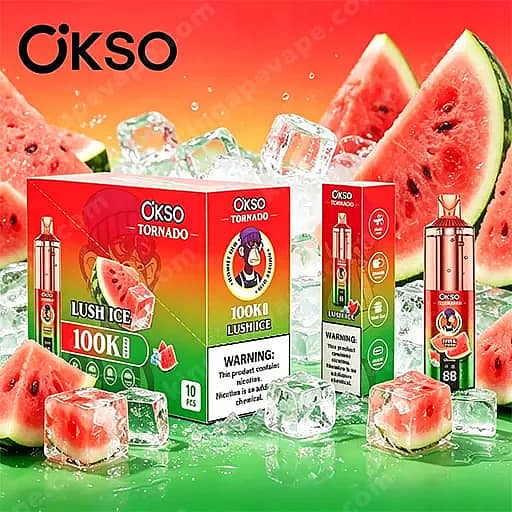 Productweergave van Okso Tornado Lush Ice Watermeloen-gearomatiseerde vape-dozen en flessen, met rood-naar-groen verloopverpakking, cartoonlogo, watermeloenschijfjes en verspreide ijsblokjes.