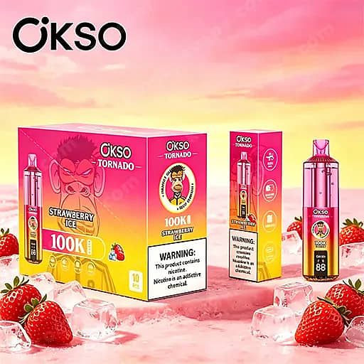 Een felroze en gele weergave van Okso Tornado Strawberry Ice E-Liquid-dozen en een fles, gerangschikt met aardbeien en ijs op een roze achtergrond met kleurovergang.