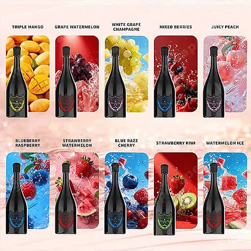 Una cuadrícula de diez botellas de bebidas oscuras exhibidas sobre fondos brillantes con temas de frutas, con los sabores de la fila superior triple mango, sandía de uva, champán de uva blanca, bayas mixtas y durazno jugoso, y la fila inferior de sabores de arándano, frambuesa, sandía de fresa, cereza azul, kiwi de fresa y helado de sandía.