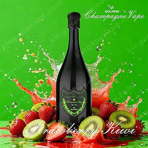 Una botella de champán oscuro con una etiqueta verde se encuentra en posición vertical entre fresas y kiwis en rodajas, con toques a su alrededor sobre un fondo verde brillante, con la etiqueta Champagne Vape Cranberry Kiwi.