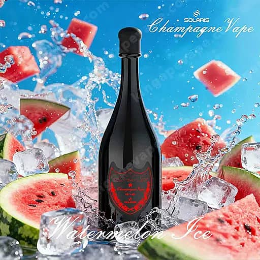 Botella De Champán Oscuro Centrada Con Un Emblema Rojo, Rodeada De Rodajas De Sandía Y Cubitos De Hielo Como Salpicaduras De Agua, Contra Un Fondo Azul Brillante; .