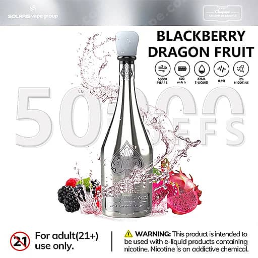 Solaris Champagne 50000 Puffs 50K Vape | Luxury Design 12 A Sleek Vape Bottle With A White Cap, Labeled Blackberry Dragon Fruit, Surrounded By Blackberries And Dragon Fruit With Pink Liquid Splashes, Indicating A Flavored E-Liquid; An Adult-Use Warning Is Visible.