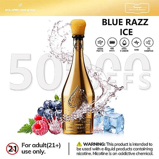 Solaris Champagne 50000 Puffs 50K Vape | Luxury Design 10 Center Features A Gold, Champagne-Style Vape Bottle With Splash Around It, Surrounded By Ice Cubes And Berries, Labeled Blue Razz Ice, With Adult-Use And Warning Icons Visible On A White Background.