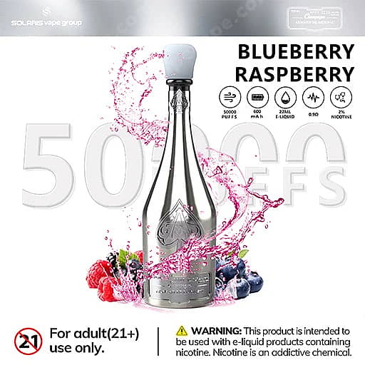 Solaris Champagne 50000 Puffs 50K Vape | Luxury Design 11 A Tall, Slender Glass Vape Bottle With A White Cap, Surrounded By A Pink Splash And Blueberries And Raspberries, Labeled Blueberry Raspberry With 'For Adult Use Only' Text And Nicotine Warning Icons.
