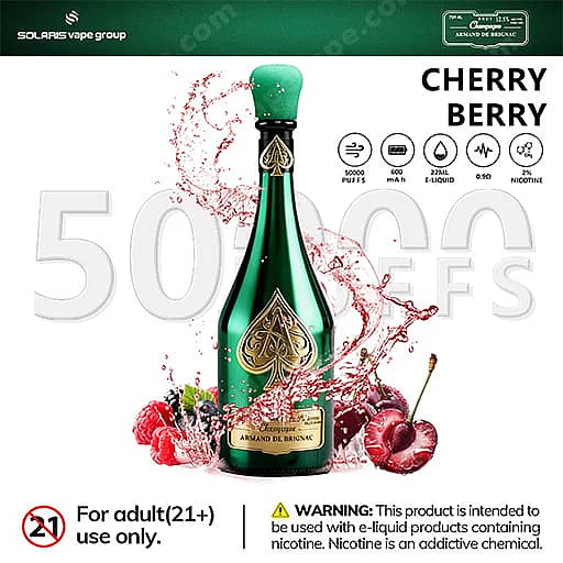 Solaris Champagne 50000 Puffs 50K Vape | Luxury Design 9 An Ornate Green Bottle With A Gold Crest Sits Amid Splashes And Fresh Cherries, Advertising Solaris Vape Group'S Cherry Berry E-Liquid With A 'For Adult Use Only' Warning.