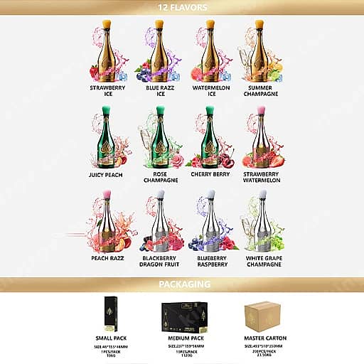 Solaris Champagne 50000 Puffs 50K Vape | Luxury Design 2 A Grid Of Twelve Champagne Bottles Arranged In Four Columns Across Three Rows Under A &Quot;12 Flavors&Quot; Banner, Each Bottle Labeled With Flavors Such As Strawberry Ice, Blue Razz Ice, Watermelon Ice, Summer Champagne, Juicy Peach, Rose Champagne, Cherry Berry, Strawberry Watermelon, Peach Razz, Blackberry Dragon Fruit, Blueberry Raspberry, And White Grape Champagne, With A &Quot;Packaging&Quot; Section Showing Small, Medium, And Master Carton Packs Below.