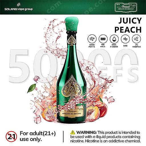Solaris Champagne 50000 Puffs 50K Vape | Luxury Design 8 A Green Ace Of Spades–Style Bottle Labeled Juicy Peach Stands Amid Pink Liquid Splashes, Peach Slices, And Ice Cubes, With Solaris Vape Group Branding At The Top And An Adult-Use Warning.