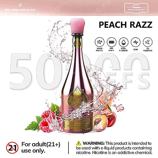 Solaris Champagne 50000 Puffs 50K Vape | Luxury Design 7 Pink Peach Razz E-Liquid Bottle With A Gold Emblem, Surrounded By Peaches And Raspberries, Labeled Peach Razz With An Adult-Use Warning.