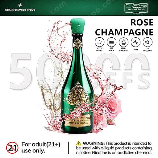 Solaris Champagne 50000 Puffs 50K Vape | Luxury Design 6 A Green Champagne-Style Bottle With A Gold Emblem Sits Among Pink Roses And Splash Graphics On A White Background, Labeled Rose Champagne E-Liquid And Marked For Adult Use Only.