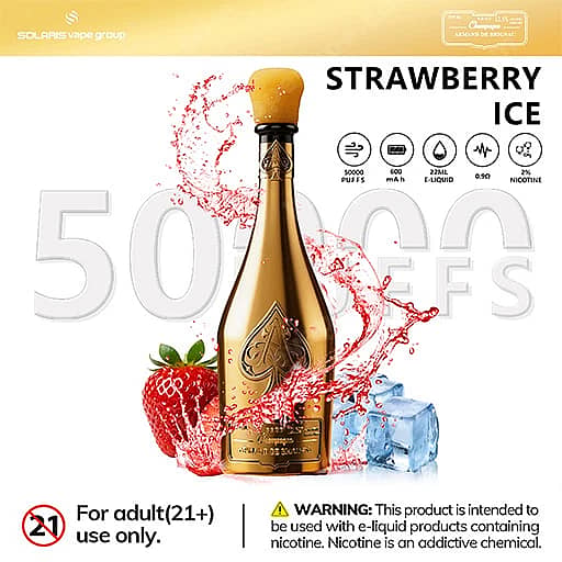 Solaris Champagne 50000 Puffs 50K Vape | Luxury Design 5 A Bottle-Shaped Vape Juice Container Labeled 'Strawberry Ice' Stands Centered With A Fresh Strawberry And Ice Cubes Nearby, Surrounded By Splash Graphics And Product Icons (Puffs, Ml) And An Adult-Use Warning.