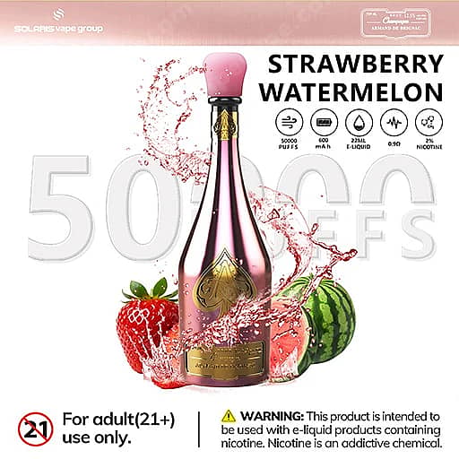 Solaris Champagne 50000 Puffs 50K Vape | Luxury Design 4 One Pink Bottle Of Strawberry Watermelon Flavored E-Liquid With Gold Detailing, Flanked By A Strawberry And A Watermelon With Pink Splash Effects, And Small Icons Indicating Adult Use And Nicotine Warnings.