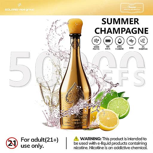 Solaris Champagne 50000 Puffs 50K Vape | Luxury Design 3 Gold Champagne Bottle With Liquid Splashing Around It, Lemon And Lime Halves Nearby, The Text Summer Champagne, And A Small 21+ Adult-Use Warning At The Bottom.