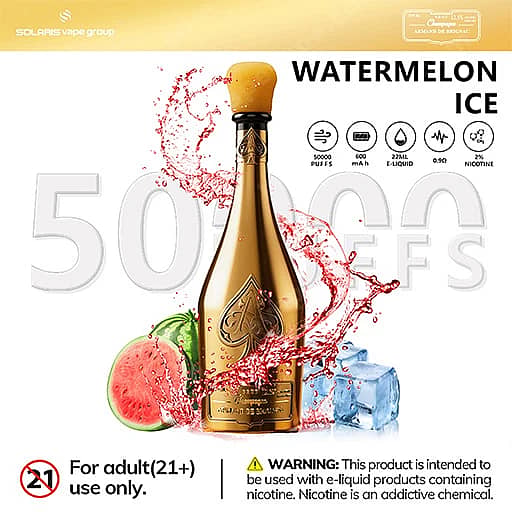 Solaris Champagne 50000 Puffs 50K Vape | Luxury Design 14 A Gold Champagne-Style Bottle Labeled Watermelon Ice Is Surrounded By Pink Liquid Splashes, With A Watermelon Slice On The Left And Blue Ice Cubes On The Right, Set Against A Light Background; Age Restriction And Nicotine Warning Icons Appear At The Bottom.
