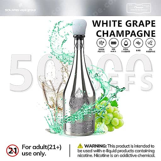 Solaris Champagne 50000 Puffs 50K Vape | Luxury Design 13 A Sleek Dark Glass Bottle Of White Grape Champagne E-Liquid Stands Upright Amid Green And Gold Liquid Splashes With A Cluster Of Green Grapes Beside It; The Image Features The Flavor Name And A 'For Adult (21+) Use Only' Warning Along With Small Icons Indicating Product Details.