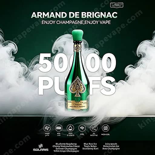 Centered green Armand de Brignac champagne bottle with a gold label, set against a dark green background with large white text reading '50,000 PUFFS' and swirls of white smoke around it.