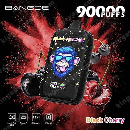 Bang De 90000 Puffs Disposable Vape | Smart Led Screen &Amp; Mesh Coil 12 Black Compact Vape Device With A Blue Cartoon Monkey On Its Screen, Bangde Branding, Set Against A Red Splash Background With Cherries, With 9000 Puffs In The Upper Right And A Black Cherry Flavor Label In The Lower Right.