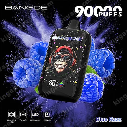 Bang De 90000 Puffs Disposable Vape | Smart Led Screen &Amp; Mesh Coil 10 Bangde Pod-Style Vape Device With A Glossy Black Body, Featuring A Colorful Graphic Of A Smiling Monkey Wearing Headphones And Sunglasses On The Front, Set Against A Blue Splash Background And Labeled 9000 Puffs With The Flavor Blue Razz, Plus Small Icons Indicating Usb-C Charging, Led Screen, Mesh Coil, And A 650 Mah Battery.