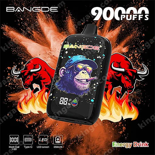 Bang De 90000 Puffs Disposable Vape | Smart Led Screen &Amp; Mesh Coil 9 Black Handheld Vape Device Featuring A Blue-Capped, Sunglasses-Wearing Gorilla Smoking A Cigar On Its Display, With Bangde Branding, Set Against A Fiery Explosion Background With Two Red Bull Figures; '9000 Puffs' Appears At The Top Right And 'Energy Drink' At The Bottom Right.