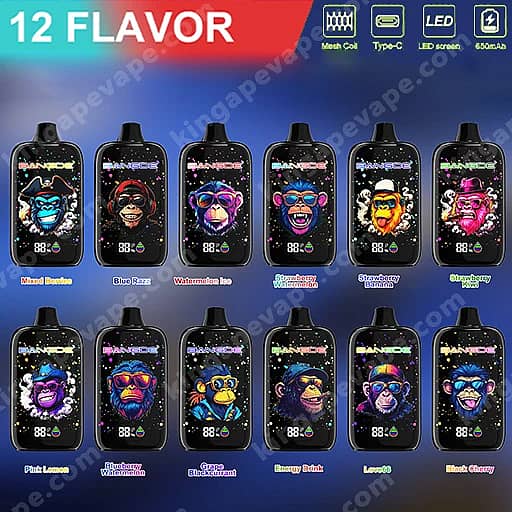 Bang De 90000 Puffs Disposable Vape | Smart Led Screen &Amp; Mesh Coil 2 A Promotional Collage Of Twelve Vape Pod Devices With Cartoon Animal Faces On Their Screens, Arranged In Two Rows Under A Bright '12 Flavor' Banner, Each Labeled With A Different Flavor Name.