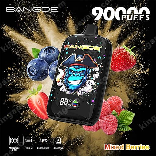 Bang De 90000 Puffs Disposable Vape | Smart Led Screen &Amp; Mesh Coil 6 A Black Handheld Vape Device With A Colorful Screen Showing A Blue Pirate-Monkey, Surrounded By Blueberries, Strawberries, And Raspberries Against A Gold Splash Background; The Display And Packaging Read '900 Puffs' And 'Mixed Berries'.