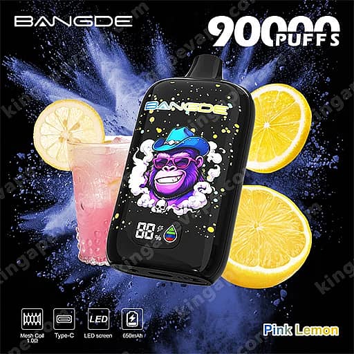 Bang De 90000 Puffs Disposable Vape | Smart Led Screen &Amp; Mesh Coil 5 Bangde Disposable Vape Device Featuring A Purple Cartoon Monkey In A Blue Hat On The Front, Set Against A Splashy Blue Background With Lemon Slices And A Pink Lemonade Drink, And Labeled '9000 Puffs' And 'Pink Lemon' With An Led Display.