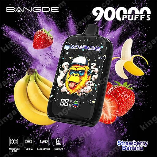 Bang De 90000 Puffs Disposable Vape | Smart Led Screen &Amp; Mesh Coil 4 Black Bangde Vape Device With A Cartoon Monkey Wearing A Cap On Its Display, Surrounded By Bananas And Strawberries Against A Purple Splash Background, Labeled Strawberry Banana And 9000 Puffs.
