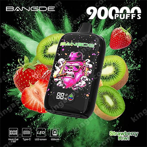 Bang De 90000 Puffs Disposable Vape | Smart Led Screen &Amp; Mesh Coil 3 Black Vape Pod Displaying A Pink Wizard Graphic, Framed By Strawberry And Kiwi Slices On A Green Splash Background, With 'Bangde' And '9000 Puffs' Text And A 'Strawberry Kiwi' Flavor Label.