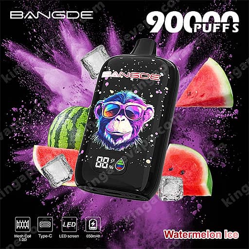 Bang De 90000 Puffs Disposable Vape | Smart Led Screen &Amp; Mesh Coil 13 Bangde Disposable Vape Pod With A Black Body Featuring A Colorful Cartoon Monkey Wearing Pink Sunglasses, Surrounded By Watermelon Slices And Ice Cubes On A Purple Splash Background, Labeled 9000 Puffs And Watermelon Ice.