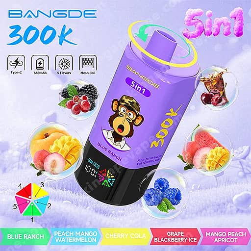 Bang De 300000 Puffs | 5-In-1 Flavors 300K Vape 7 Purple Bangde 5-In-1 Vape Juice Bottle Labeled 300K Tilted Diagonally, With A Cartoon Monkey On The Label And A Neon Yellow-Green Ring Around The Purple Cap, Set Against A Lavender Background With Fruit Illustrations And Flavor Swatches.