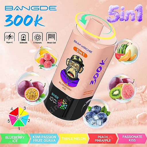 Bang De 300000 Puffs | 5-In-1 Flavors 300K Vape 9 A Pink Bangde Vape Bottle Labeled Sin1 And 5 In 1 With A Cartoon Face On The Label Sits Against A Peach Background, Surrounded By Floating Fruit Icons (Blueberries, Kiwis, Peaches, Melons, Grapes) And Colorful Flavor Swatches Along The Bottom.