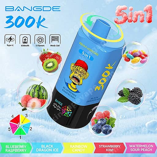 Bang De 300000 Puffs | 5-In-1 Flavors 300K Vape 12 A Blue Bangde 5-In-1 Vape Device Tilted Diagonally Against A Light Blue Background, With A Yellow Cartoon Face On Its Body And A Black Base, Surrounded By Fruit Graphics And Flavor Labels Such As Blueberry Raspberry, Black Dragon Ice, Rainbow Candy, Strawberry Kiwi, And Watermelon Sour Peach.