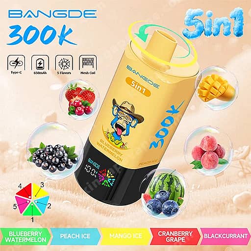 Bang De 300000 Puffs | 5-In-1 Flavors 300K Vape 6 A Yellow Cylindrical Bottle Labeled 5In1 300K With A Cartoon Cowboy On The Front, Set On A Peach-Colored Background And Surrounded By Circular Fruit Images Representing Flavors Like Blueberry Watermelon, Peach Ice, Mango Ice, Cranberry Grape, And Blackcurrant.