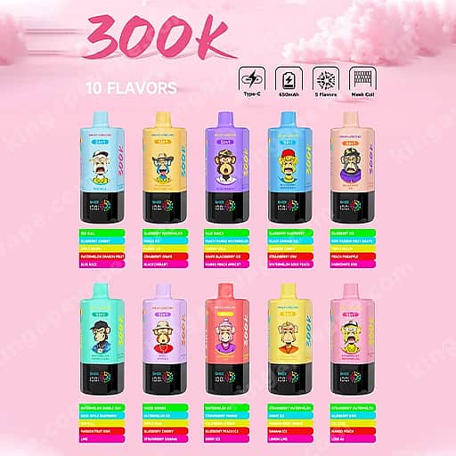 Bang De 300000 Puffs | 5-In-1 Flavors 300K Vape 2 Ten Pastel-Colored Bottles With Cartoon Characters On The Labels, Arranged In Two Rows Of Five On A Pink Background, With '300K' And '10 Flavors' Text Above.