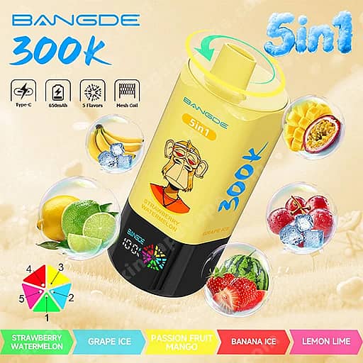 Bang De 300000 Puffs | 5-In-1 Flavors 300K Vape 5 A Tilted Yellow Bangde 5In1 Bottle Labeled 300K Sits On A Light Yellow Background, Surrounded By Colorful Fruit Illustrations Representing Flavors Such As Strawberry Watermelon, Grape Ice, Passion Fruit Mango, Banana Ice, And Lemon Lime.