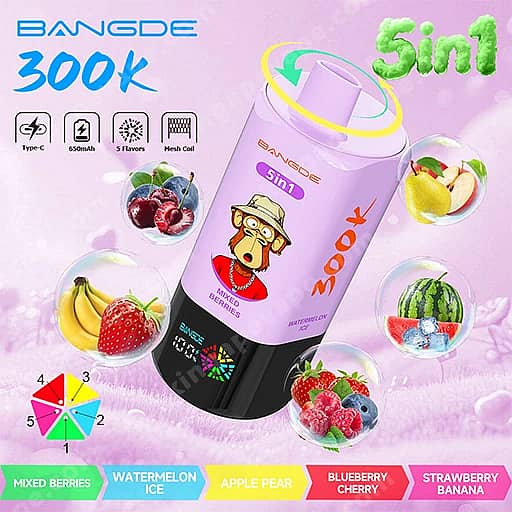 Bang De 300000 Puffs | 5-In-1 Flavors 300K Vape 8 A Purple Bangde 5In1 Vape Device Tilted With A Black Base, Surrounded By Floating Fruit Illustrations (Berries, Watermelon, Apple, Pear, Grapes, Banana) And A Bottom Color-Coded Flavor Strip Reading Mixed Berries, Watermelon Ice, Apple Pear, Blueberry Cherry, And Strawberry Banana.