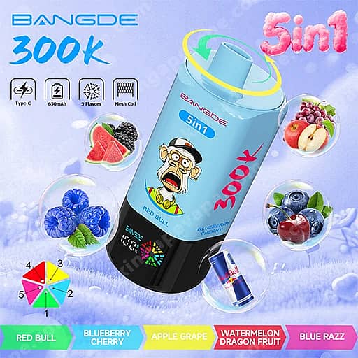 Bang De 300000 Puffs | 5-In-1 Flavors 300K Vape 10 Blue Bangde 5In1 Vape Device Tilted Diagonally On A Purple Background, Featuring A Cartoon Man On Its Label And Surrounded By Fruit Icons (Blueberries, Raspberries, Grapes, Watermelon, Dragon Fruit) With Flavor Names Like Red Bull, Blueberry Cherry, Apple Grape, Watermelon Dragon Fruit, And Blue Razz; Small Icons Indicate Type-C, 650Mah, Five Flavors, And Mesh Coil.