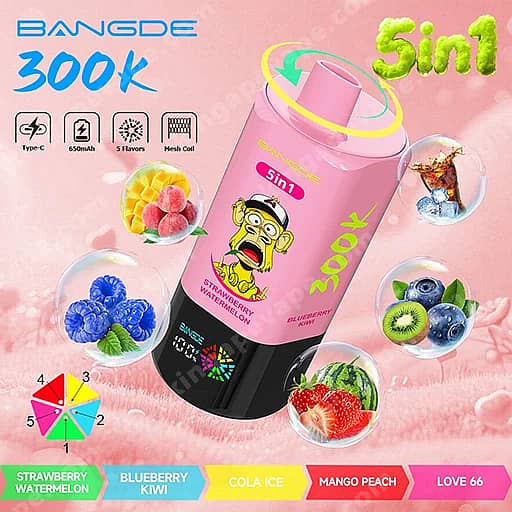 Bang De 300000 Puffs | 5-In-1 Flavors 300K Vape 4 Pink Cylindrical 5-In-1 Vape Device With A Black Base And Cartoon Monkey Logo, Angled Against A Soft Pink Background, Surrounded By Floating Fruit Images And Flavor Labels: Strawberry Watermelon, Blueberry Kiwi, Cola Ice, Mango Peach, And Love 66.