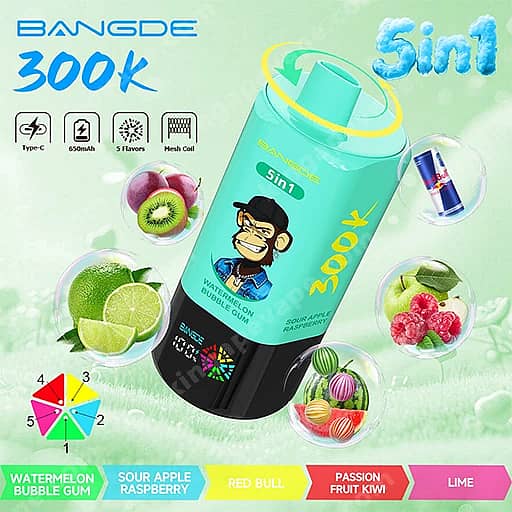 Bang De 300000 Puffs | 5-In-1 Flavors 300K Vape 11 Bright Promotional Image For Bangde 5-In-1 Vape Device Featuring A Turquoise Cylindrical Bottle With A Cartoon Man On The Label, Showing '5In1' And 'Watermelon Bubble Gum', Surrounded By Floating Fruits Like Kiwi, Lime, And Raspberries; Icons In The Top Left Indicate Type-C Charging, 650Mah, 5 Flavors, And Mesh Coil, With Bottom Color Bars Listing Flavors: Watermelon Bubble Gum, Sour Apple Raspberry, Red Bull, Passion Fruit Kiwi, And Lime.