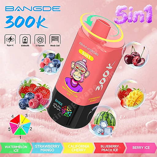 Bang De 300000 Puffs | 5-In-1 Flavors 300K Vape 3 A Pink Bangde 300K Sin1 Vape Bottle Tilts Diagonally With A Black Base And A Yellow Ring Around The Mouthpiece, Set Against A Pink Background And Surrounded By Floating Fruit Images (Strawberries, Blueberries, Cherries, Mango, Watermelon) With Color Bars At The Bottom Showing Flavors Like Watermelon Ice, Strawberry Mango, California Cherry, Blueberry Peach Ice, And Berry Ice.