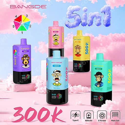 Bang De 300000 Puffs | 5-In-1 Flavors 300K Vape 1 Five Colorful Bottles With Cartoon Monkey Labels Stand On A Pink Fluffy Cloud Background, Arranged In A Staggered Display With Bangde Branding And A Prominent 300K Price, Highlighting A Five-Flavor Product.