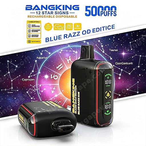 Marketing Image For Bangking Blue Razz Od Edition Disposable Vape Featuring Two Black Devices With Red Trim—An Upright Unit With A Green Digital Display And A Smaller Unit Lying On Its Side—Set Against A Purple Starry Background With Zodiac Signs And Banners Reading '5000 Puffs' And '12 Star Signs'.