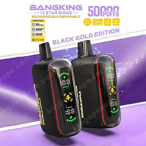 Two Black Rechargeable Disposable Vape Devices With Red Trim And Digital Led Displays On A Purple Background; Branding Includes Black Gold Edition, 50 Puffs, And 12 Star Signs.