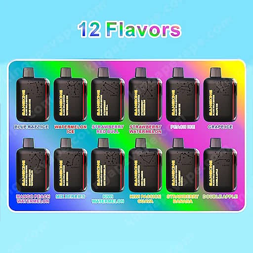 Bright Rainbow Banner Featuring Two Rows Of Twelve Black Flavor Bottles On A Colorful Gradient Background, With The Heading 12 Flavors; Labels Read Blue Razz Ice, Watermelon Ice, Strawberry Red Bull, Strawberry Watermelon, Pineapple, Grape Ice, Mango Peach Watermelon, Mix Berries, Kiwi Watermelon, Kiwi Passion Guava, Strawberry Banana, And Double Apple.