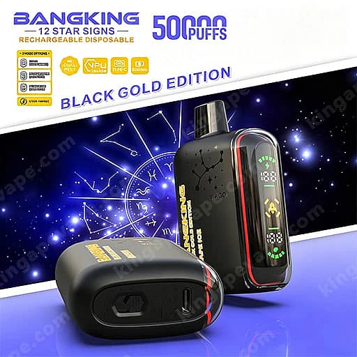Two Black And Gold Bangking Rechargeable Disposable Vape Devices, One Upright With A Digital Display And The Other Lying On Its Side, Against A Blue Starry Background With The Text 'Black Gold Edition' And '50 Puffs'.