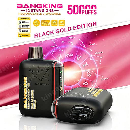 Two Black Disposable Vape Devices With Gold Lettering, One Standing And One Lying Down, Labeled 'Bangking 12 Star Signs Black Gold Edition 5000 Puffs' Against A Pink Astrology-Themed Background.