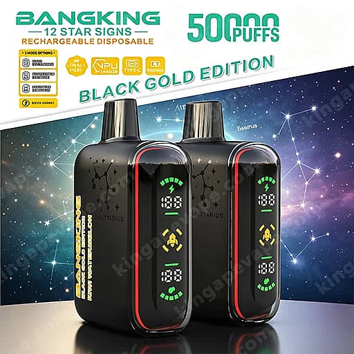 Two Black Bangking Black Gold Edition Rechargeable Disposable Vapes With Red Trim And Digital Displays Stand On A Reflective Surface Against A Starry Space Backdrop, Labeled 12 Star Signs And 5000 Puffs.