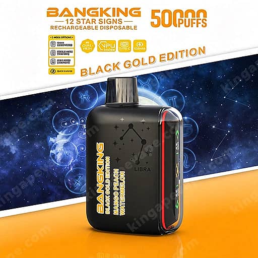 Black Disposable Vape With Zodiac Constellation Graphics And Gold Bangking Branding, Labeled '12 Star Signs Black Gold Edition' And '5000 Puffs', Shown On An Orange-And-Blue Space-Themed Background.